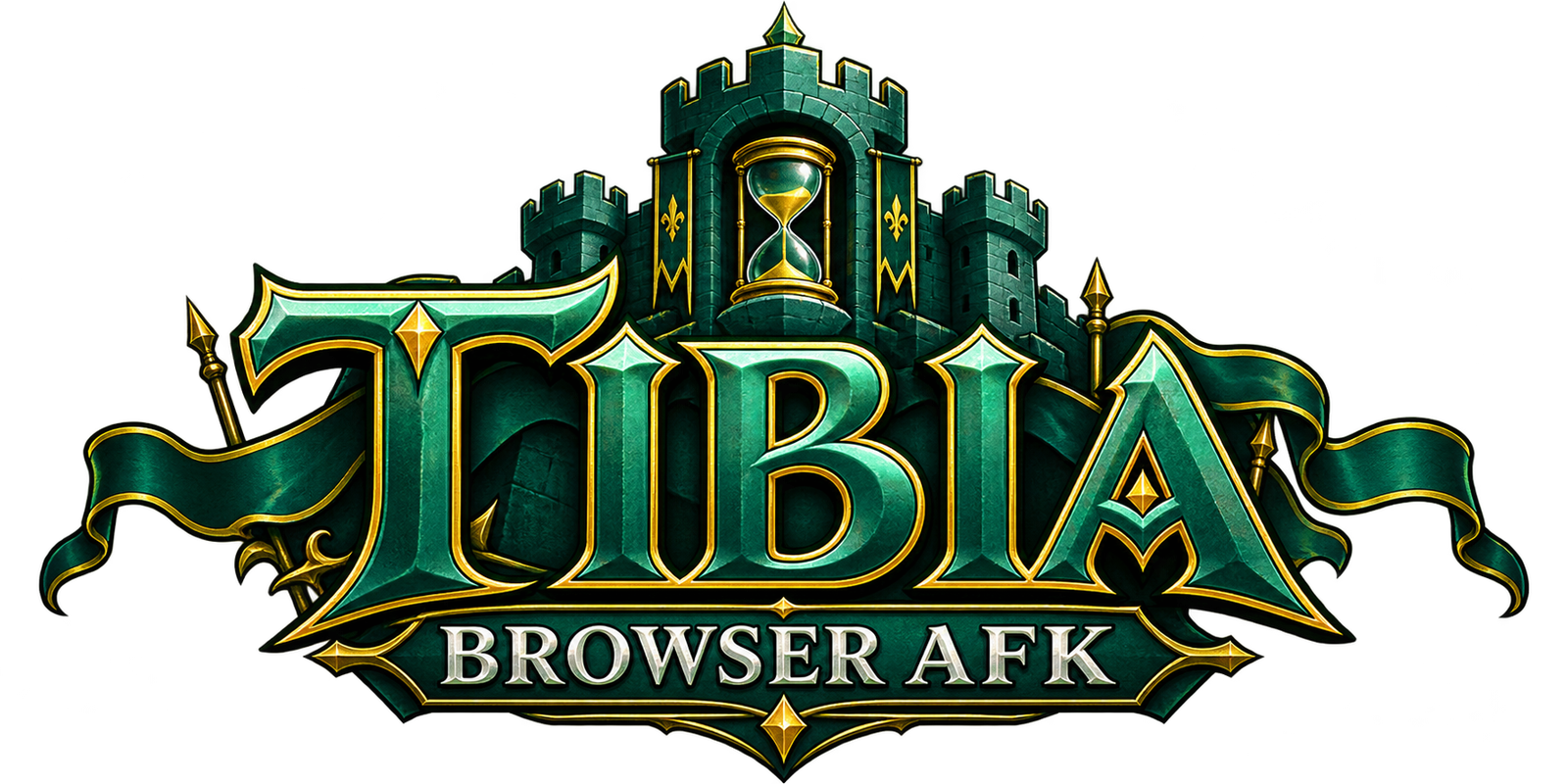 Tibia Browser AFK: a green castle with an hourglass and yellow accents