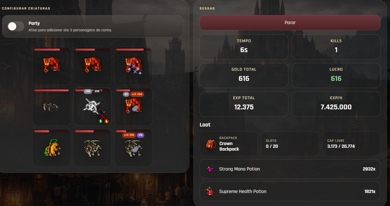 Creature combat and hunting session results, shown in Portuguese.
