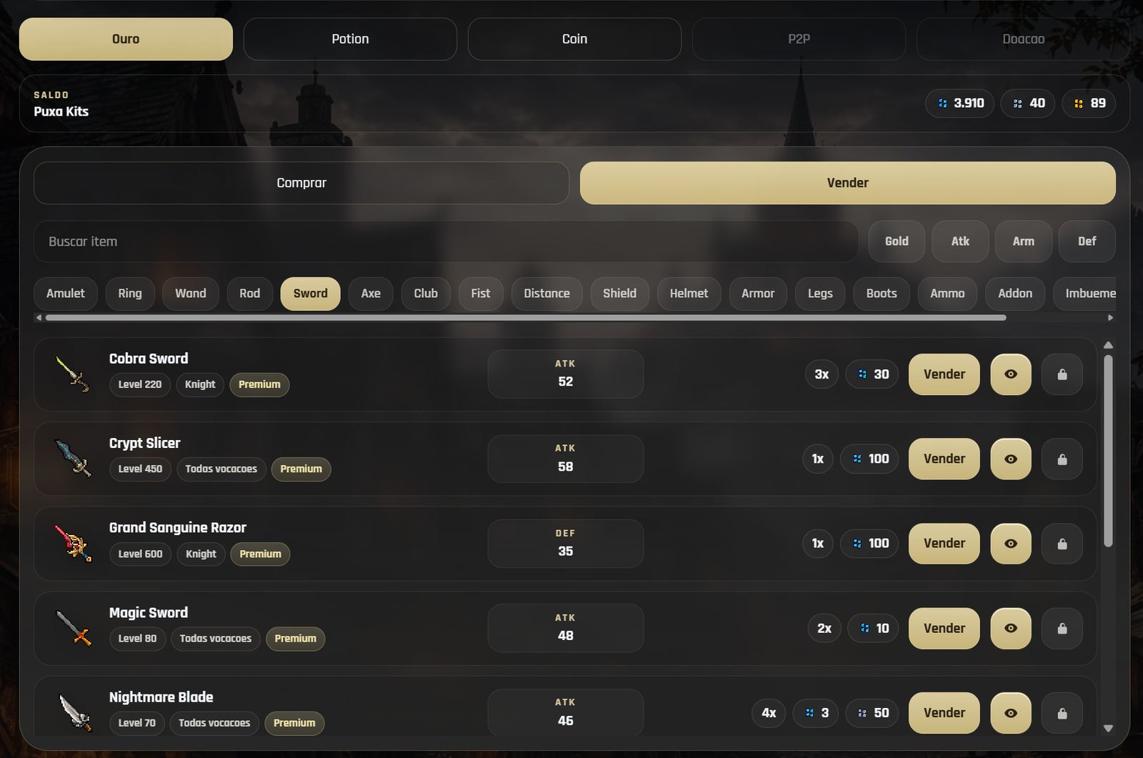 Shop with equipment filters and selling options, shown in Portuguese.