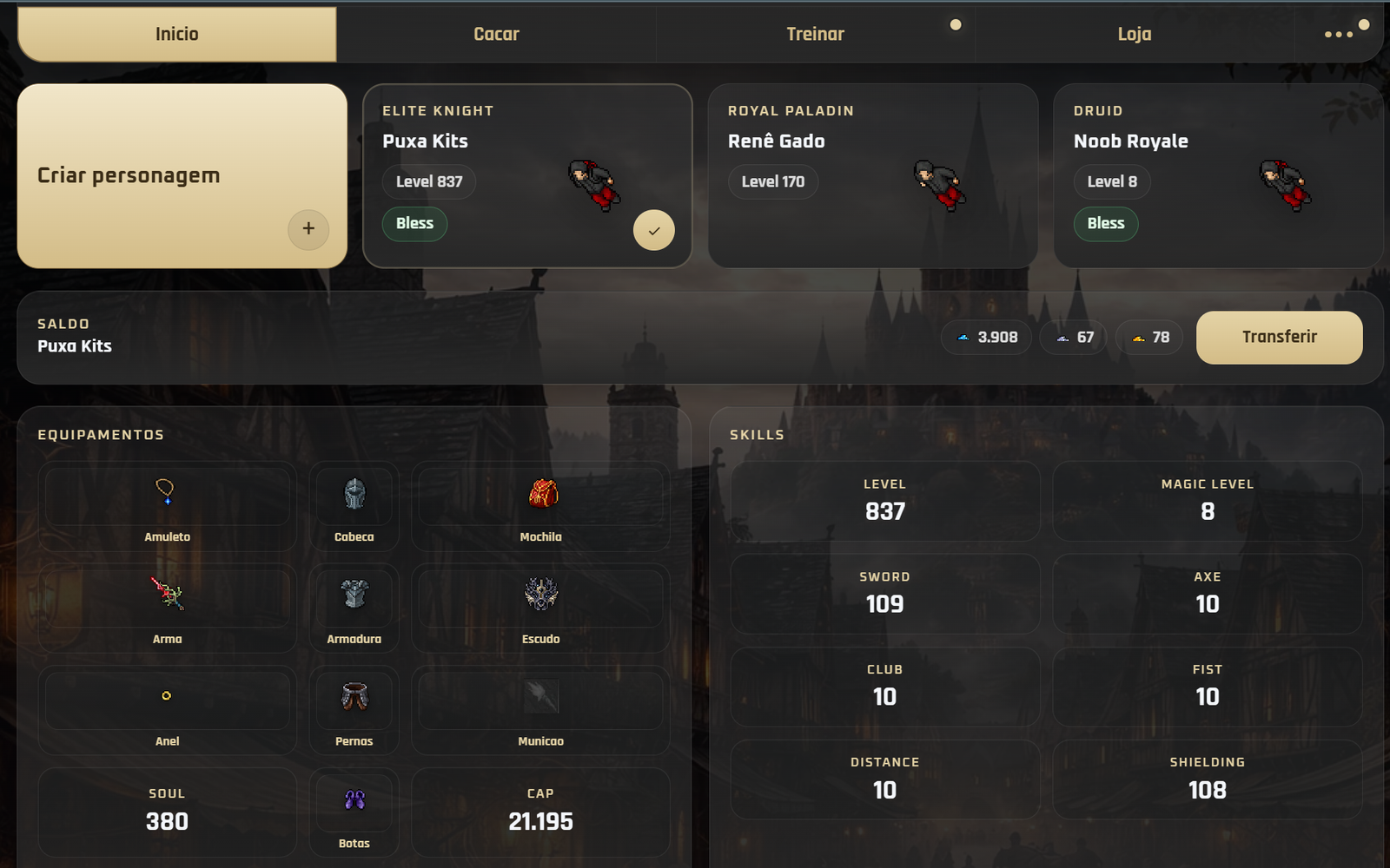 Character selection, equipment and skills, shown in Portuguese.