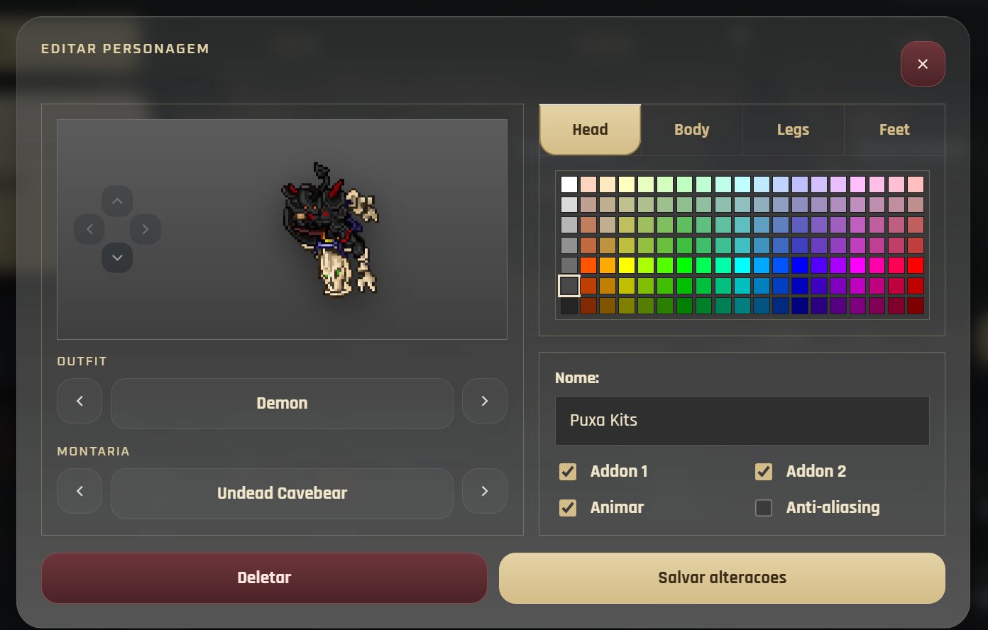 Appearance editor with mounts, outfits and colors, shown in Portuguese.