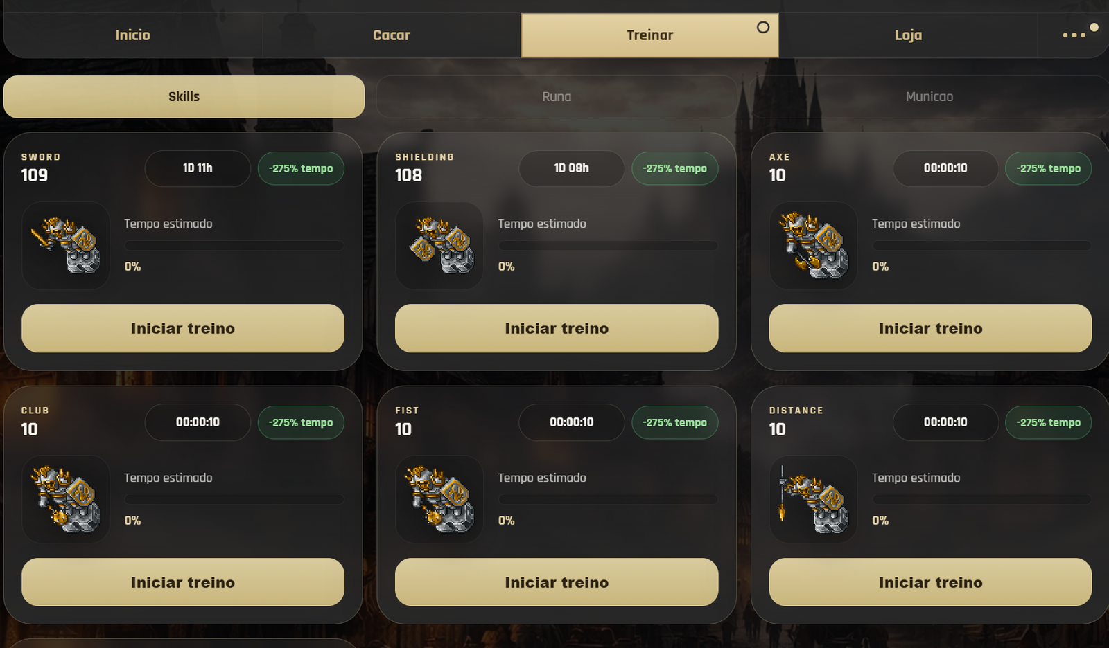 Character skill training panel, shown in Portuguese.